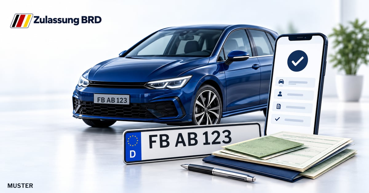 Online Fahrzeugzulassung in Limeshain: Musterkennzeichen FB AB 123, Auto und Fahrzeugpapiere und Smartphone. Illustration mit Logo von Zulassung BRD.
